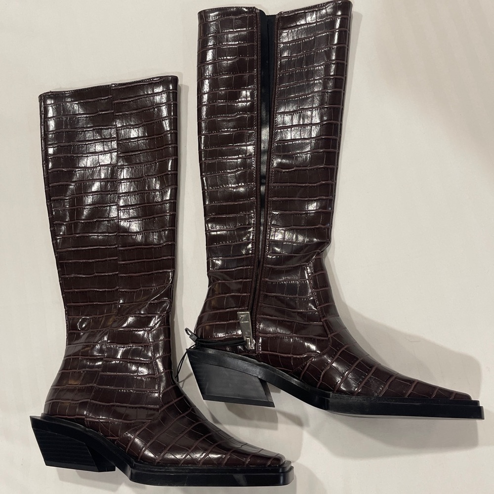 NWT ZARA SNAKE PRINT DARK BROWN KNEE HIGH BOOTS SIZE 37 USA 6.5